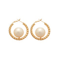 18K Gold Plated Round Crinkled Faux Pearl Hoop Earrings French Vintage Elegant Jewelry view 5