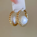 18K Gold Plated Round Crinkled Faux Pearl Hoop Earrings French Vintage Elegant Jewelry view 2