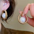 18K Gold Plated Round Crinkled Faux Pearl Hoop Earrings French Vintage Elegant Jewelry view 1