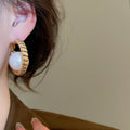 18K Gold Plated Round Crinkled Faux Pearl Hoop Earrings French Vintage Elegant Jewelry view 3