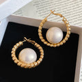 18K Gold Plated Round Crinkled Faux Pearl Hoop Earrings French Vintage Elegant Jewelry view 4