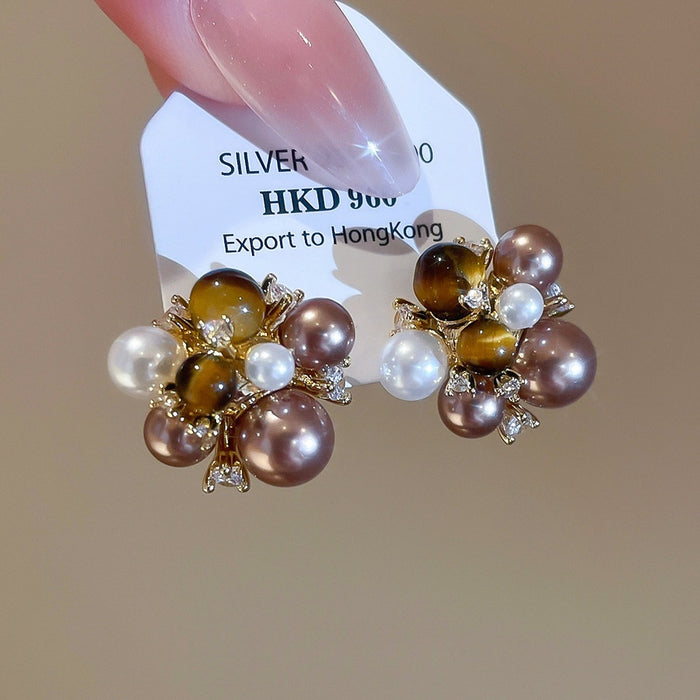 French Vintage Floral Faux Pearl Tiger Eye Zircon Stud Earrings, Elegant Maillard Style Jewelry