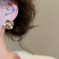 French Vintage Floral Faux Pearl Tiger Eye Zircon Stud Earrings, Elegant Maillard Style Jewelry view 4
