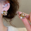 French Vintage Floral Faux Pearl Tiger Eye Zircon Stud Earrings, Elegant Maillard Style Jewelry view 2
