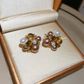 French Vintage Floral Faux Pearl Tiger Eye Zircon Stud Earrings, Elegant Maillard Style Jewelry view 3