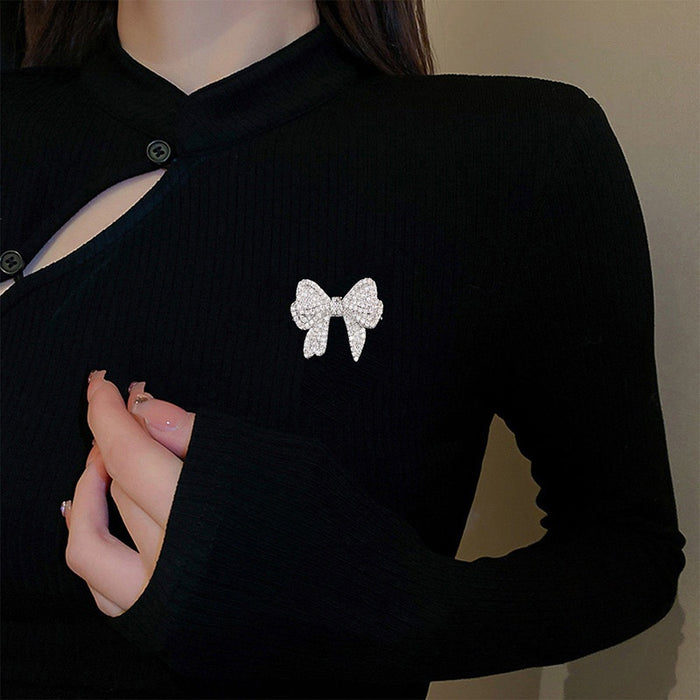 Korean Style Sparkling Zircon Bow Brooch Copper Elegant Light Luxury Fashion Pin Accessory