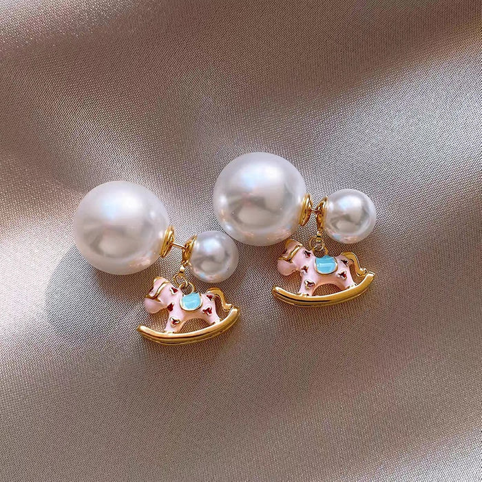 Faux Pearl Horse Drop Earrings With Silver Pin, Enamel Pony Animal Zodiac Light Luxury Style