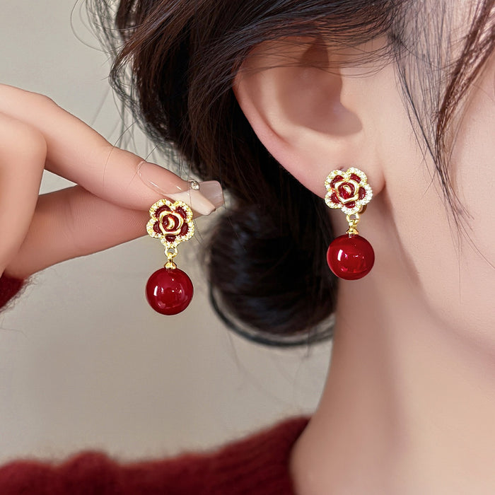 Gold Plated Resin Flower Stud Earrings With Silver Pins And Zircon Accents, Elegant Niche Style