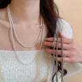 French Vintage Faux Pearl Multilayer Sweater Necklace, Old Money Round Beaded Geometric Choker view 1