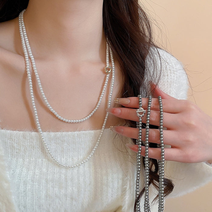 French Vintage Faux Pearl Multilayer Sweater Necklace, Old Money Round Beaded Geometric Choker