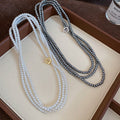 French Vintage Faux Pearl Multilayer Sweater Necklace, Old Money Round Beaded Geometric Choker view 4