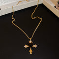 Real Gold Plated Copper Zircon Tiger Eye Cross Sweater Necklace Vintage Maillard Geometric Choker view 2