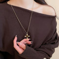 Real Gold Plated Copper Zircon Tiger Eye Cross Sweater Necklace Vintage Maillard Geometric Choker view 1