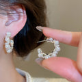 Gold Plated Silver Needle Zircon Lace Faux Pearl Geometric Hoop Earrings For Women view 4