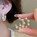 Gold Plated Silver Needle Zircon Lace Faux Pearl Geometric Hoop Earrings For Women view 2