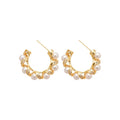 Gold Plated Silver Needle Zircon Lace Faux Pearl Geometric Hoop Earrings For Women view 5