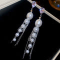 French Vintage Faux Pearl Zircon Tassel Drop Earrings For Women Elegant Geometric Round Stud Style view 4