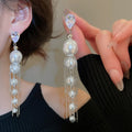 French Vintage Faux Pearl Zircon Tassel Drop Earrings For Women Elegant Geometric Round Stud Style view 3