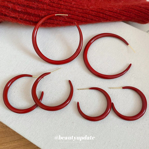Copper Red Enamel Round Hoop Earrings For Women Vintage Minimalist Geometric Style