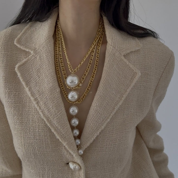 Old Money Style Multi Layer Faux Pearl Necklace With Round Geometric Charm Light Luxury Clavicle Chain
