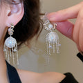 French Retro C-Shaped Zircon Faux Pearl Tassel Drop Earrings for Women view 4