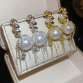 French Retro C-Shaped Zircon Faux Pearl Tassel Drop Earrings for Women view 1