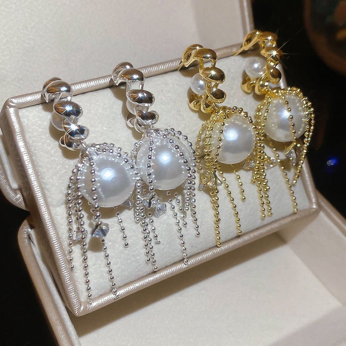 French Retro C-Shaped Zircon Faux Pearl Tassel Drop Earrings for Women