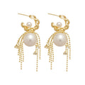 French Retro C-Shaped Zircon Faux Pearl Tassel Drop Earrings for Women view 5