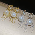 French Retro C-Shaped Zircon Faux Pearl Tassel Drop Earrings for Women view 3