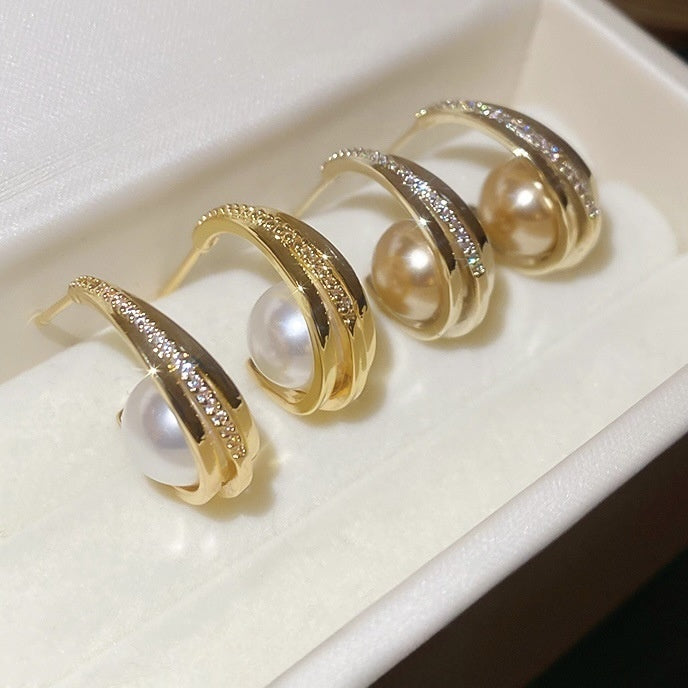 Faux Pearl Zircon C-Shaped Drop Earrings For Women Geometric Silver Needle OL Style Jewelry