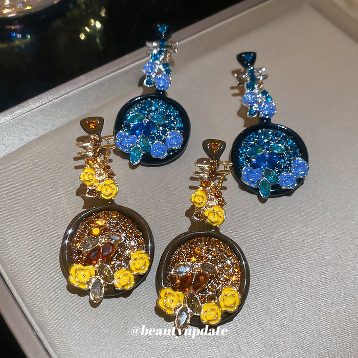 Vintage Chinese Style Alloy Floral Pipa Stud Earrings With Rhinestone Enamel Flower Design