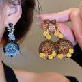 Vintage Chinese Style Alloy Floral Pipa Stud Earrings With Rhinestone Enamel Flower Design view 2