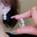 Gold Plated Copper Zircon Flower C Shape Stud Earrings With Silver Posts French Vintage Style view 4