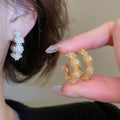 Gold Plated Copper Zircon Flower C Shape Stud Earrings With Silver Posts French Vintage Style view 2