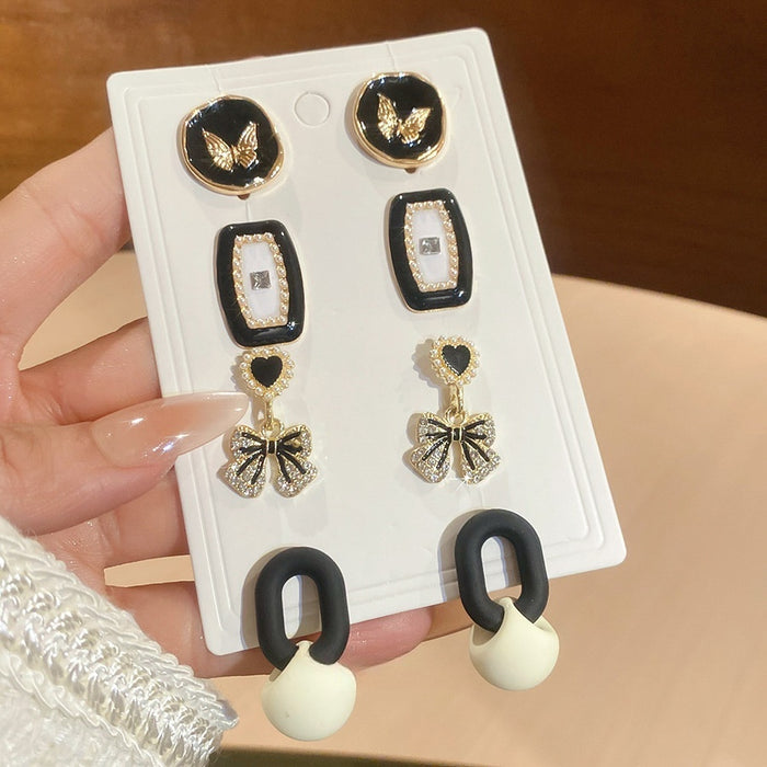 Silver Needle Rhinestone Enamel Bow Faux Pearl Stud Earrings Jewelry Set For Women