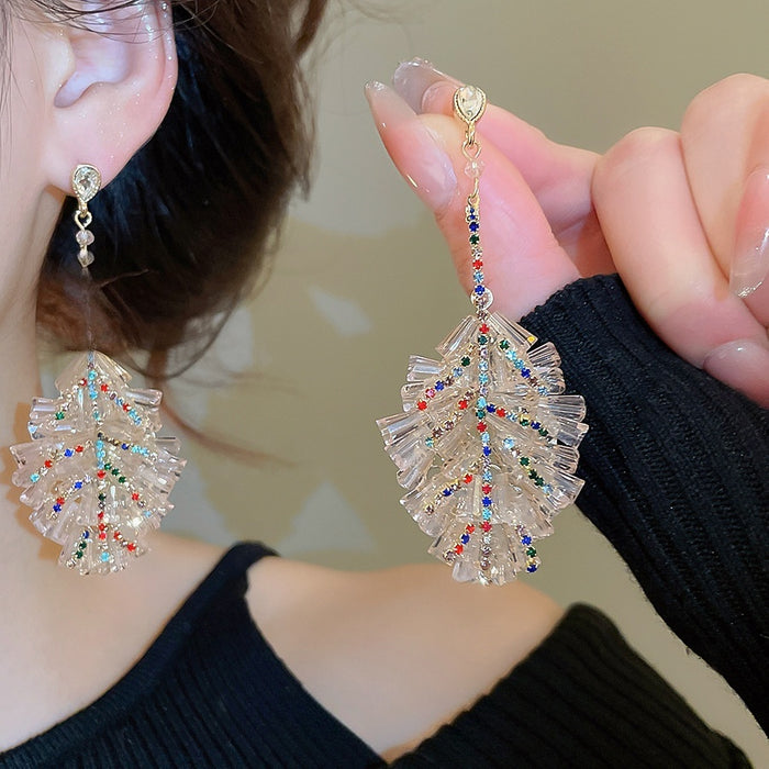 Silver Needle Rhinestone Crystal Leaf Stud Earrings Luxury Designer Style