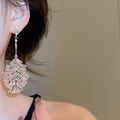 Silver Needle Rhinestone Crystal Leaf Stud Earrings Luxury Designer Style view 3