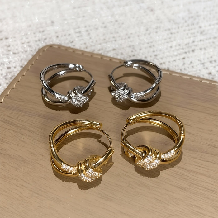 Gold Plated Copper Zircon Knot Round Huggie Earrings Light Luxury Geometric Jewelry