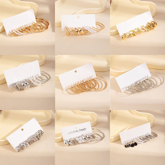 C Shaped Geometric Faux Pearl Earrings Set For Women, Gold Silver Niche Design Hoop Earrings