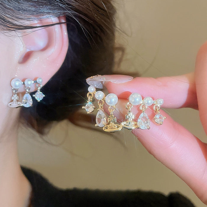 18K Gold Plated Copper Saturn Star Zircon Pearl Stud Earrings With Silver Posts