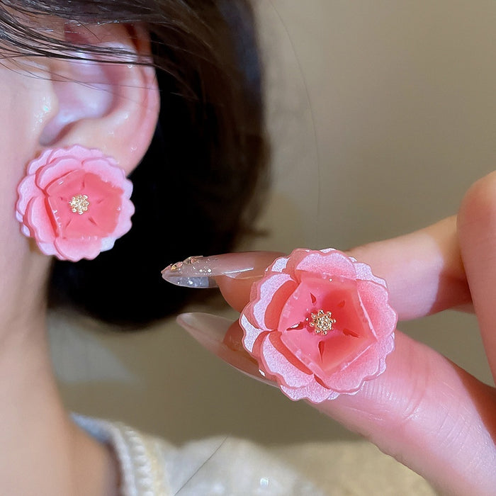 Sweet Resin Flower Stud Earrings With Silver Needle Minimalist Fresh Fashion Floral Jewelry