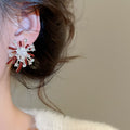 Light Luxury Floral Faux Pearl Drop Earrings With Rhinestone Enamel Flower Design view 4