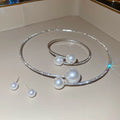 Light Luxury Alloy Rhinestone Pearl Stud Earrings Bracelet Choker Jewelry Set view 4