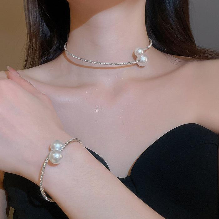Light Luxury Alloy Rhinestone Pearl Stud Earrings Bracelet Choker Jewelry Set