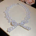 Old Money Stainless Steel Bow Imitation Pearl Necklace, Elegant Vintage Clavicle Jewelry view 4