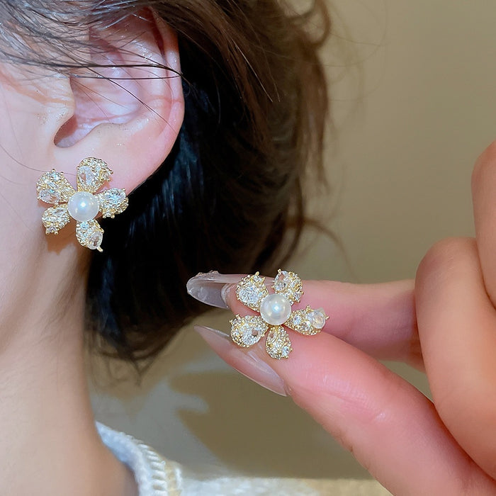 Elegant Flower Zircon Faux Pearl Stud Earrings For Women Light Luxury Daily Jewelry