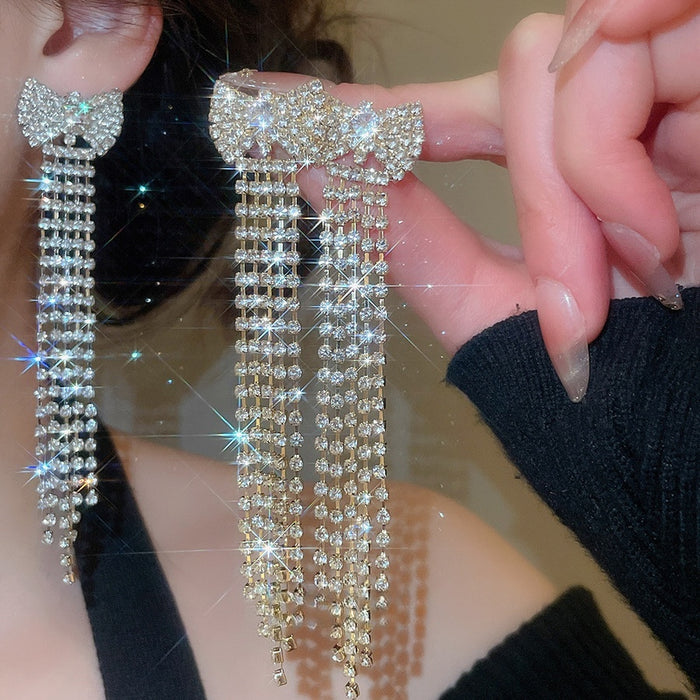 Copper Zircon Bow Tassel Drop Earrings With Silver Pins Minimalist Light Luxury Women's Jewelry