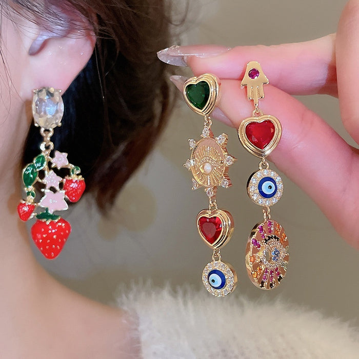 Vintage Copper Heart Zircon Asymmetric Stud Earrings Geometric Designer Style Jewelry