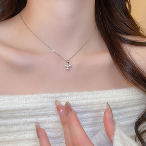 Stainless Steel Zircon Pearl Triangle Pendant Necklace, Minimalist Light Luxury Clavicle Chain