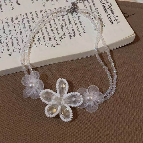 Light Luxury Faux Pearl Braided Chiffon Flower Necklace For Women Crystal Floral Collarbone Choker
